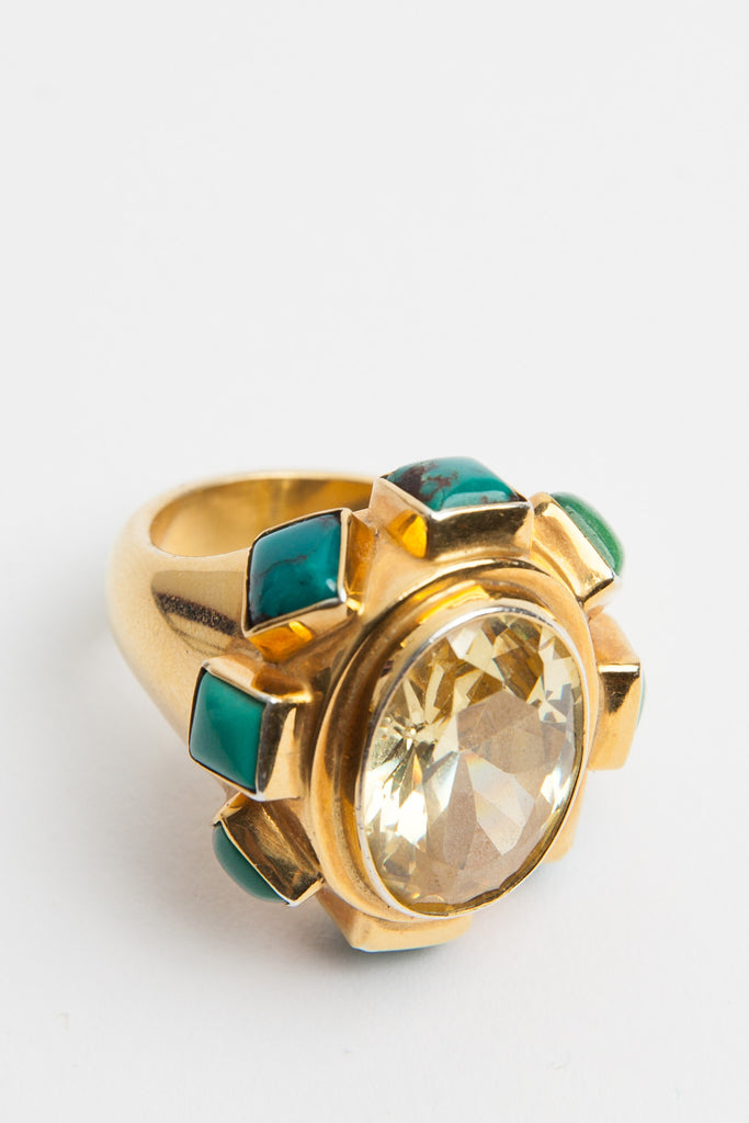 Turquoise Cocktail Ring With Iridescent Rhinestones Gold Ring